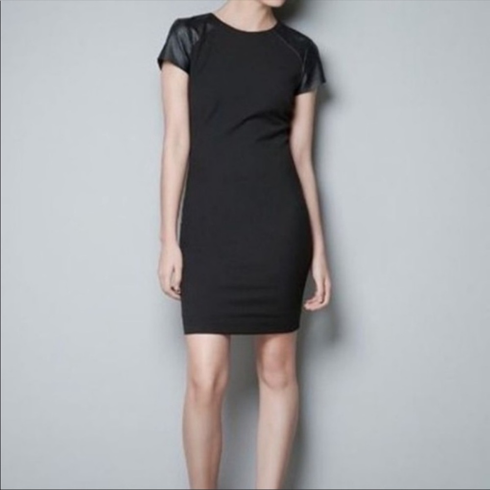 Zara Black Mini Dress Faux Leather Cap Sleeve